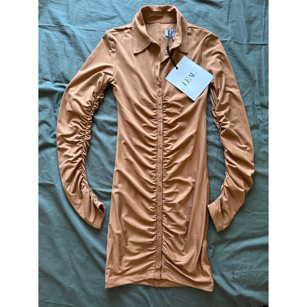 NWT L'EAU Berlin Button Up Mini Dress Chic Brown Ruched Long Sleeve Small Twee - Picture 4 of 10